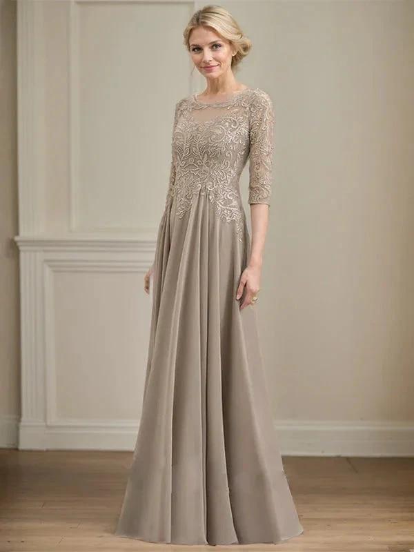 A-line Scoop Illusion Floor-Length Lace Chiffon Mother of the Bride Dress With Sequins