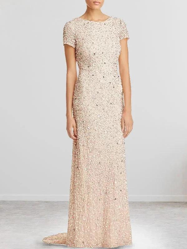 Dusty Blue Sequins Sheath Scoop Long Mother of the Bride Dress