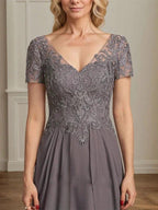 A-line V-Neck Floor-Length Chiffon Lace Mother of the Bride Dress