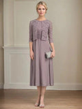 A-line Scoop Tea-Length Chiffon Mother of the Bride Dress With Pleated