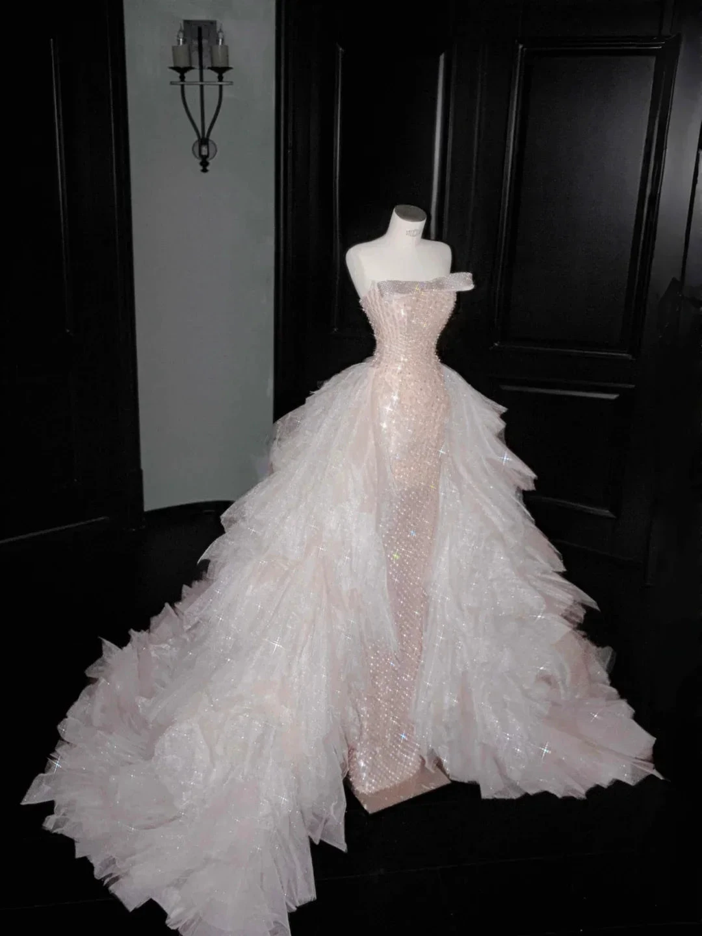 Gorgeous Champagne Tulle Sequins Beaded Sheath Long Prom Dress Evening Dress Y8658