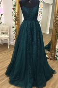 Tulle Lace A-line Scoop Spaghetti Straps Prom Dresses, Evening Dress Y1817