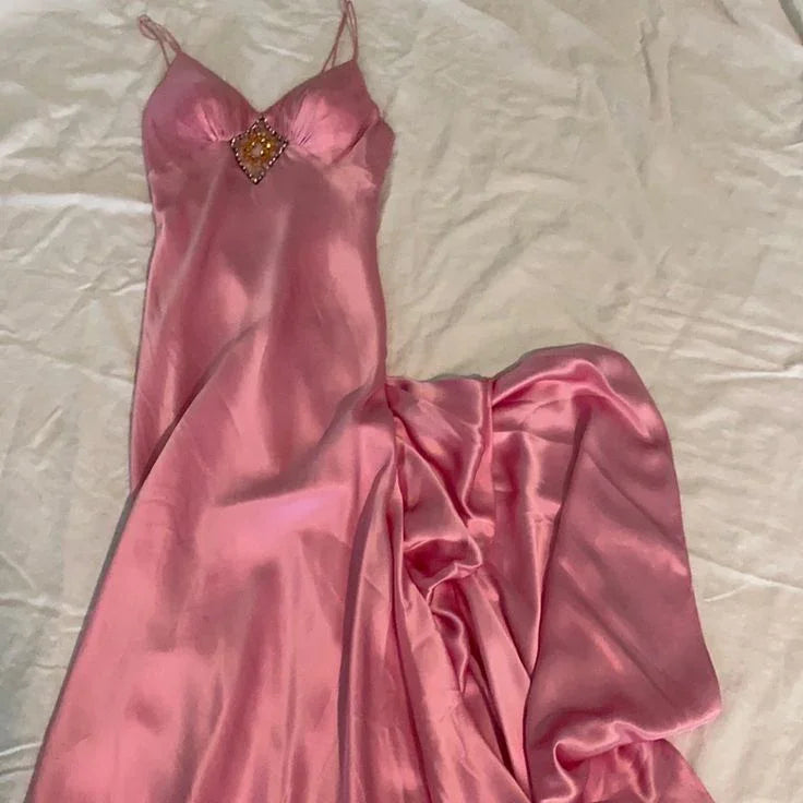 Gorgeous Pink Spaghetti Straps Satin Beaded Evening Dress Long Prom Dress Y8216