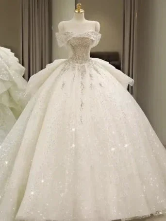 Off Shoulder Wedding Dresses, Large Trailing Princess Tail Dress, Backless White Wedding Dress Y6868