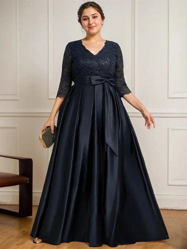 A-line V-Neck Floor-Length Satin Lace Mother of the Bride Dress With Sequins Bow