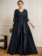 A-line V-Neck Floor-Length Satin Lace Mother of the Bride Dress With Sequins Bow