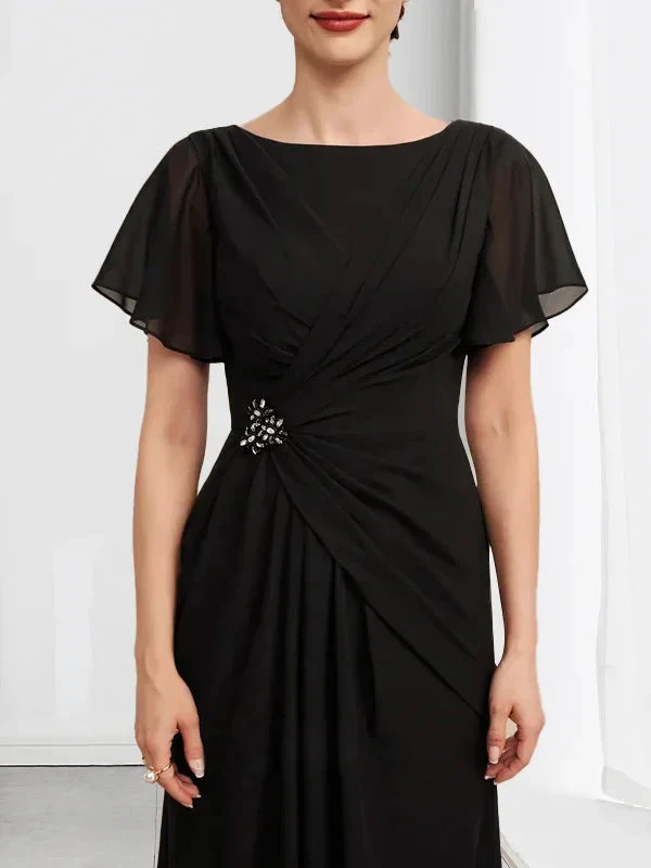 A-line Scoop Ankle-Length Chiffon Mother of the Bride Dress With Beading Pleated