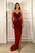 V Neck Mermaid Split Side Burgundy Long Prom Dress with Sequins