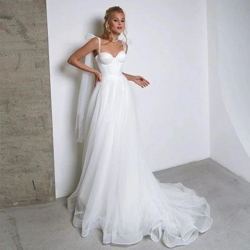 Simple White Tulle Wedding Dresses Boho Bow Spaghetti Straps A-Line Beach Wedding Party Gowns Abito Da Sposa 2021