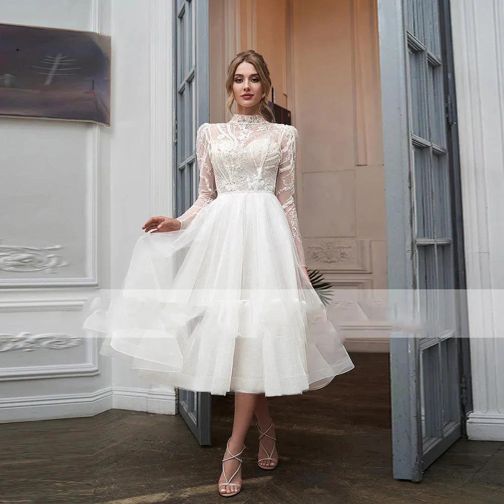 High Collar With Sleeve Luxury Applique Wedding Dress Short Tulle Custom Elegant Tea Length Bride Gown Button Vestidos