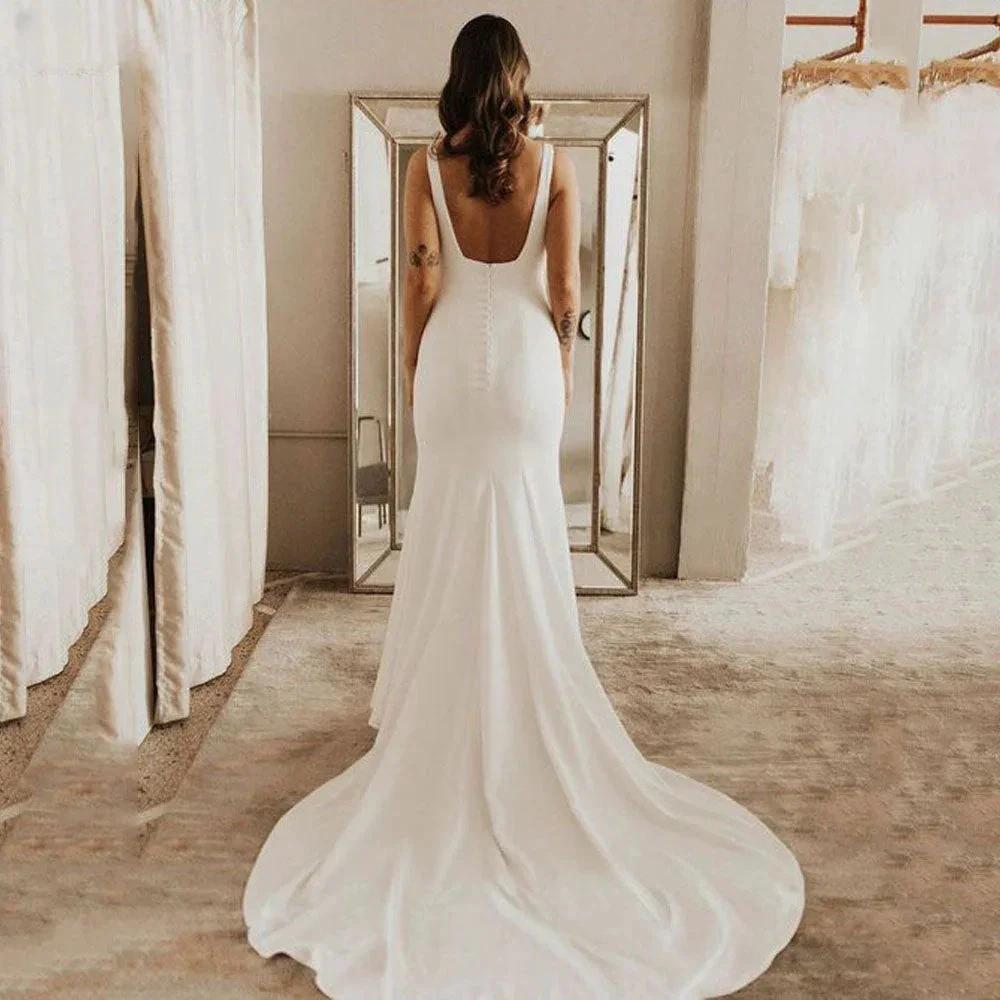 Spaghetti Strap Mermaid Wedding Dresses Women Square Neck Backless Simple Bridal Gowns Soft Stain Robe
