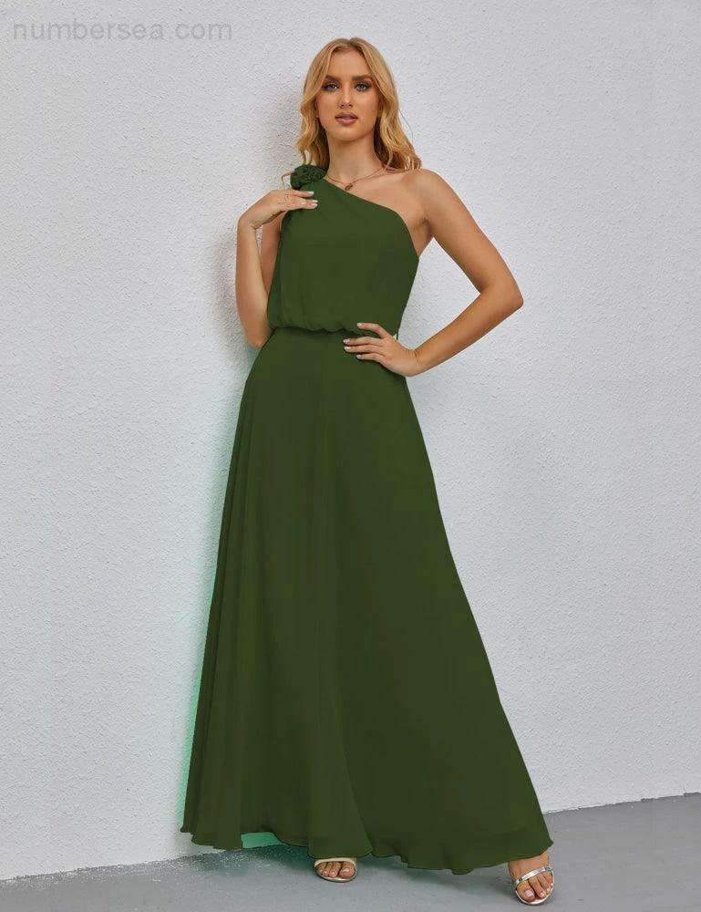 Ruffled One Shoulder Sleeveless Long Bridesmaid Dresses A-line Formal Evening Gown Side Split 28080