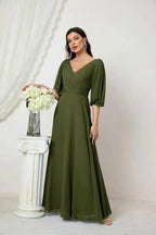 Numbersea  Formal Prom Gown Women V-Neck Chiffon Bridesmaid Dresses Long Bishop Sleeve Party Dress 2807