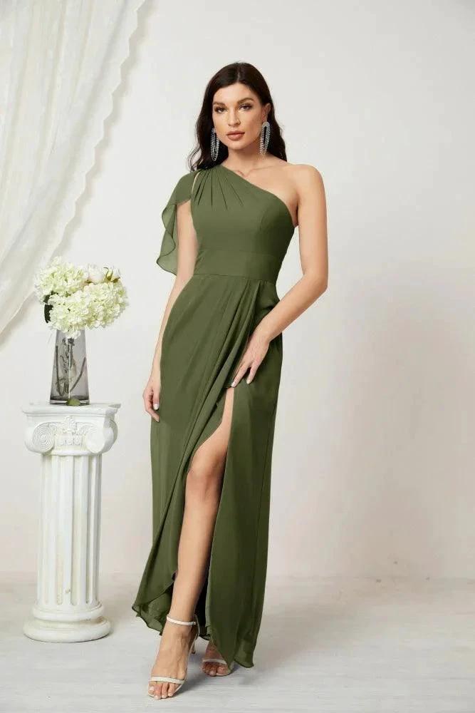 Numbersea  Chiffon Ruffled One Shoulder Long Bridesmaid Dresses A-line Formal Evening Gown Side Split 2809