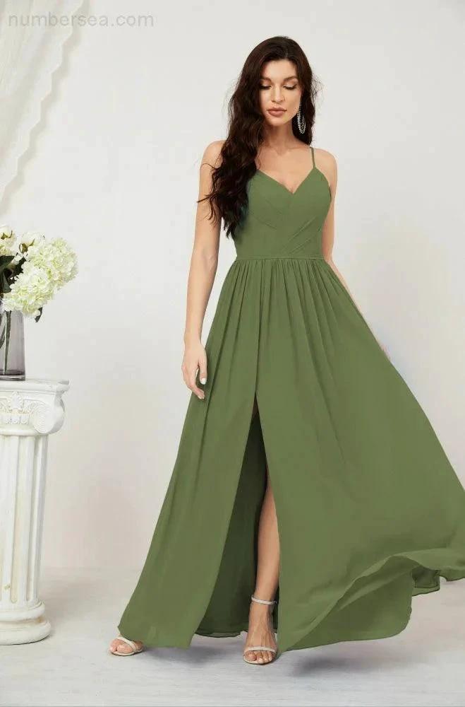 Numbersea  Neck Bridesmaid Dresses Chiffon Long Spaghetti A-line Formal Prom Gown for Wedding Party Evening 2801