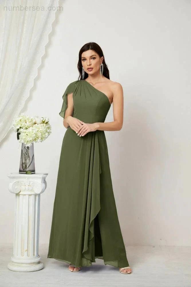 Numbersea  Chiffon Ruffled One Shoulder Long Bridesmaid Dresses A-line Formal Evening Gown Side Split 2809