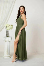 Numbersea Chiffon V-Neck Bridesmaid Dress Spaghetti Strap Long Formal Party Prom Gowns with Slit 28010