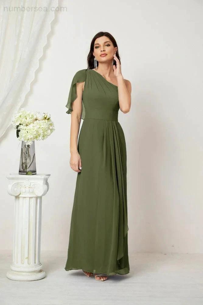 Numbersea  Chiffon Ruffled One Shoulder Long Bridesmaid Dresses A-line Formal Evening Gown Side Split 2809