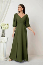 Numbersea  Formal Prom Gown Women V-Neck Chiffon Bridesmaid Dresses Long Bishop Sleeve Party Dress 2807