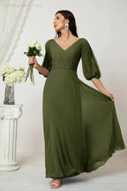 Numbersea  Formal Prom Gown Women V-Neck Chiffon Bridesmaid Dresses Long Bishop Sleeve Party Dress 2807