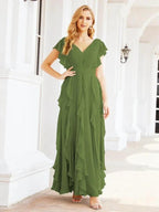 Ruffled Bridesmaid Dresses with Sleeves Long Formal Party Dress 28041