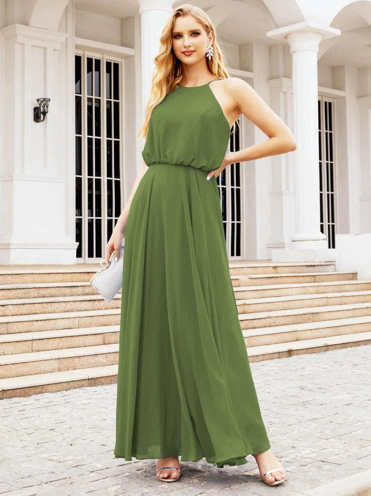 Numbersea  Halter Long Bridesmaid Dresses Formal A line Juniors Dress 28029