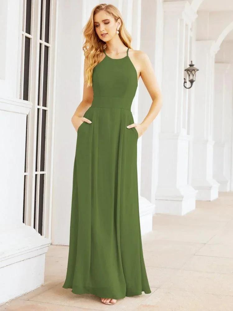 Numbersea Halter Bridesmaid Dresses with Pockets Sleeveless Formal Evening Party Prom Gowns  28055