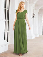 Numbersea V-Neck Bridesmaid Dresses Long Cap Sleeves Prom Evening Formal Gowns 28071
