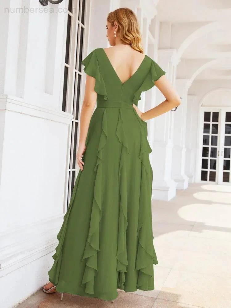 Ruffled Bridesmaid Dresses with Sleeves Long Formal Party Dress 28041