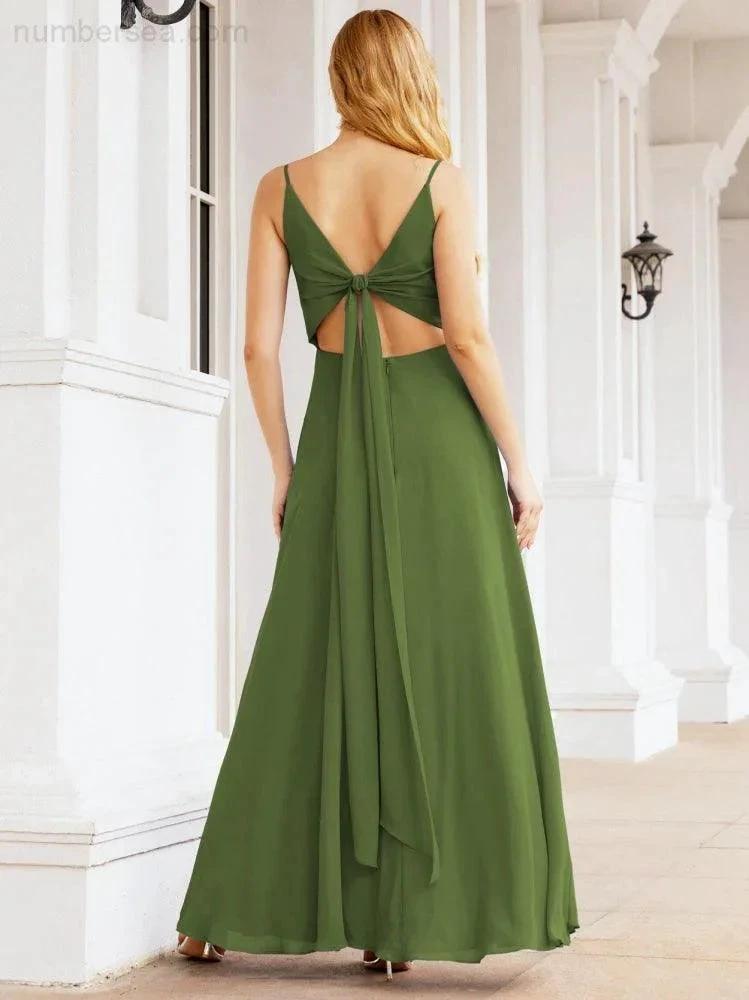 Numbersea Spaghetti Strap Bridesmaid Dresses V Neck Butterfly Back Fromal Evening Party Prom Gown 28036