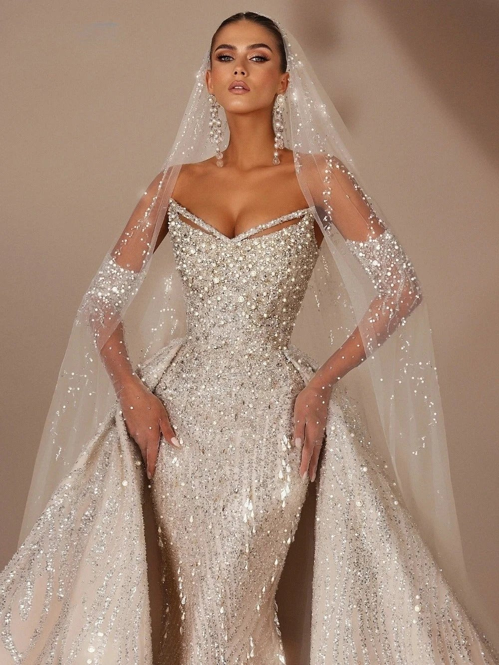 Royal V Neck Wedding Dress With Detachable Train Sequin Beaded Bride Gown