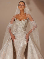 Royal V Neck Wedding Dress With Detachable Train Sequin Beaded Bride Gown