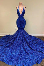 Deep V-neck Halter Mermaid Prom Dress with  Sequins and Floral