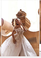 Long Ball Gown Off the Shoulder Sequined Applique Lace Wedding Dresses with Slit