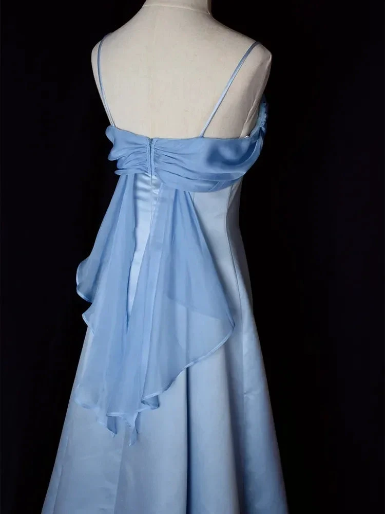 Elegant Blue Satin Spaghetti Straps Evening Gown A Line Long Party Dress Prom Dress Y7557