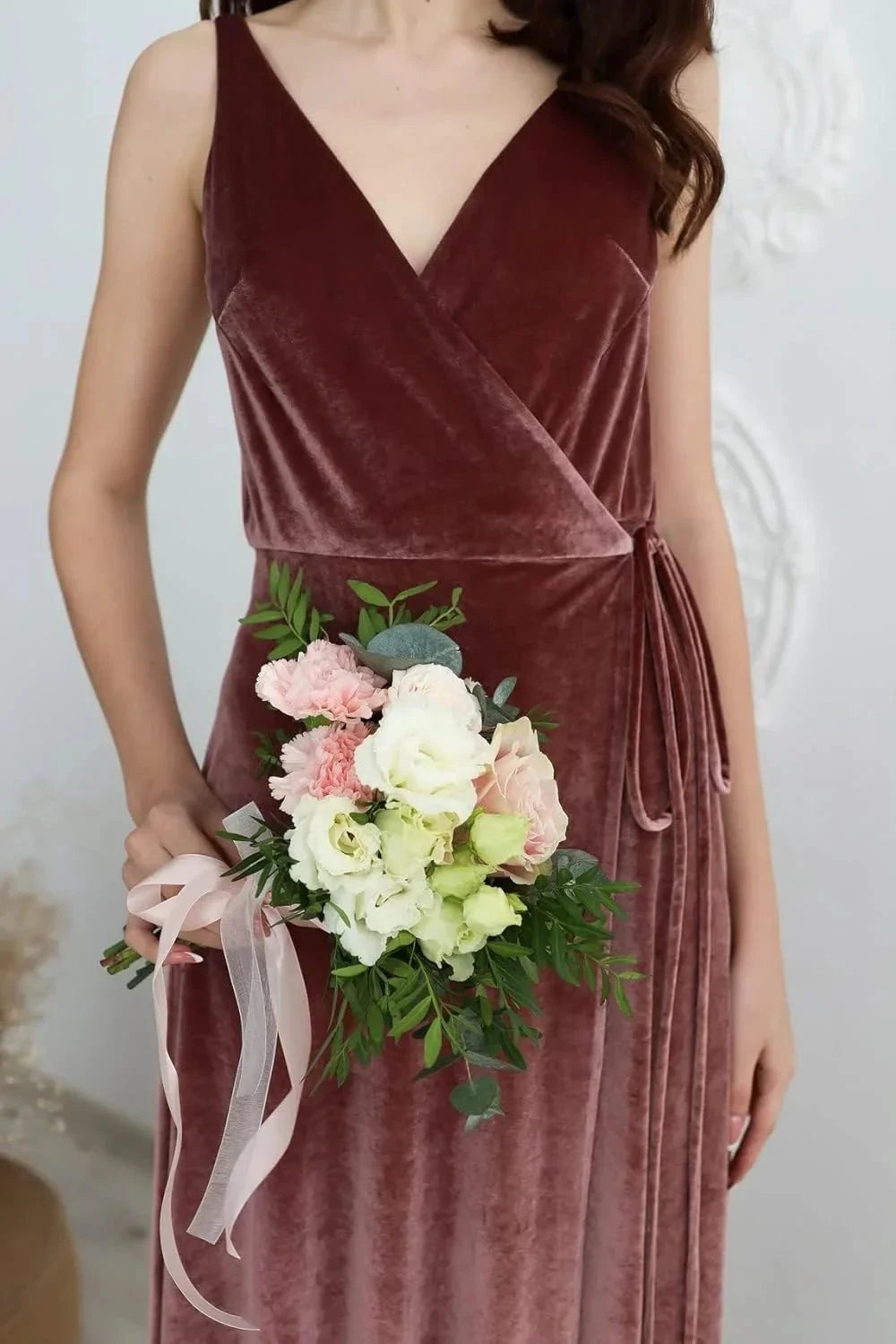 Velvet V Neck Bridesmaid Dress Long Women's Prom Formal Party Gown with Slit