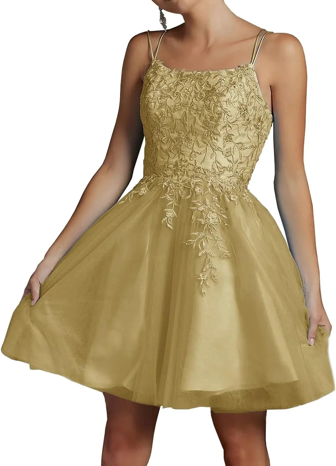 Modest Lace Beaded Tulle Homecoming Dresses Short Square Neck Prom Dress Spaghetti Straps Party Gown