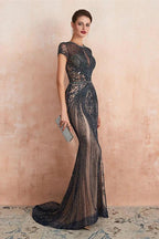 Glamorous Mermaid Beadings Long Prom Dress With Short Sleeves
