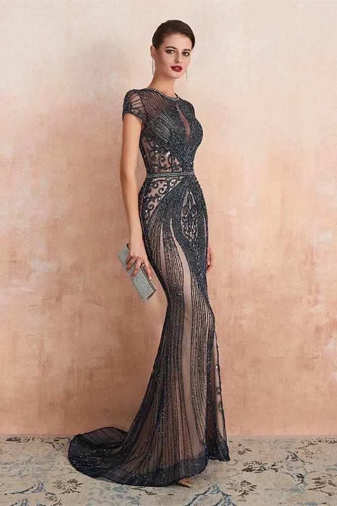 Glamorous Mermaid Beadings Long Prom Dress With Short Sleeves