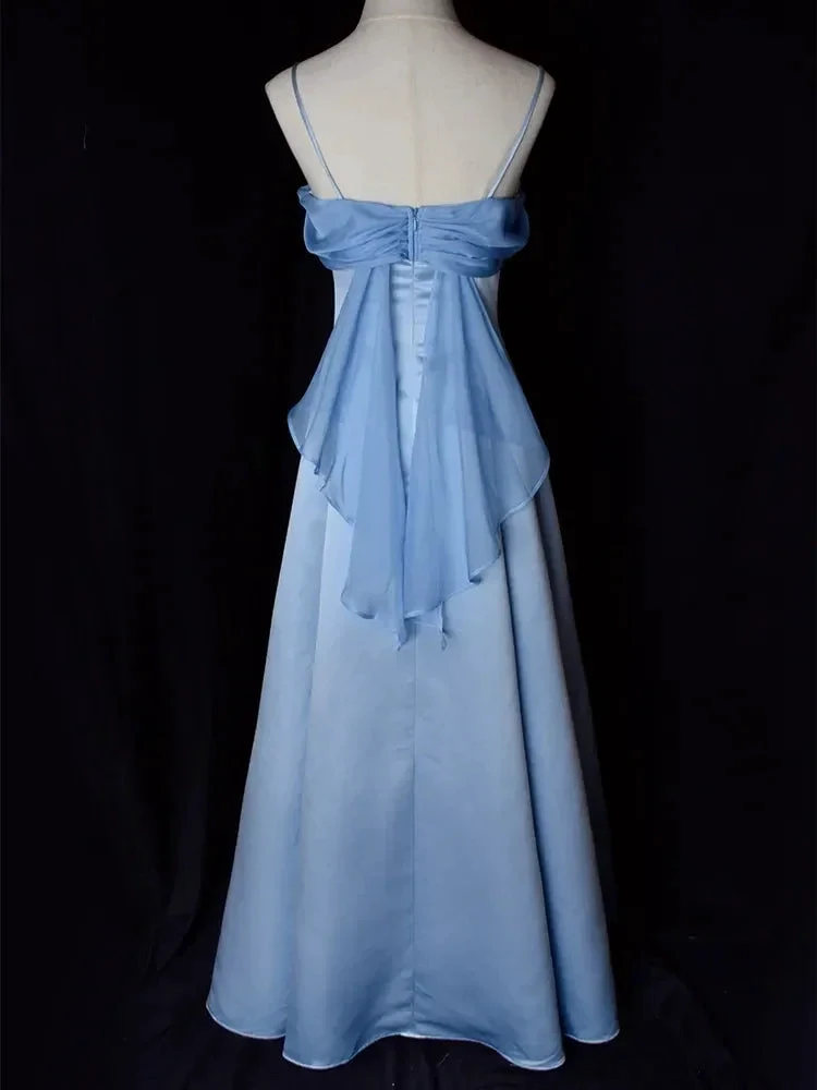 Elegant Blue Satin Spaghetti Straps Evening Gown A Line Long Party Dress Prom Dress Y7557