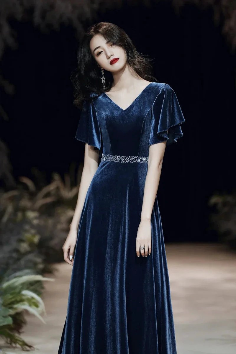 Blue evening dress custom made elegant dress sexy prom dress velvet dress custom made Y1172