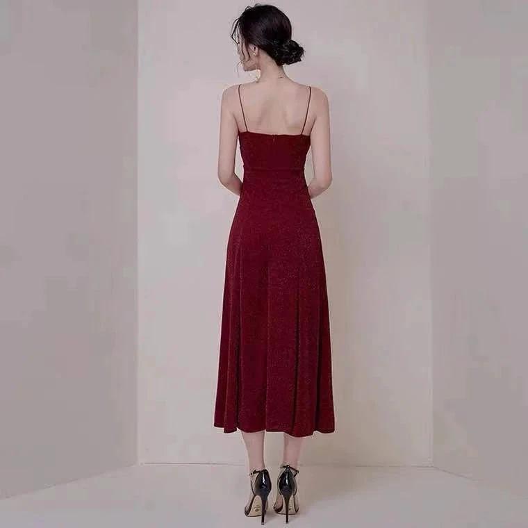 Wine red party dress spaghetti straps evening dress high slit prom dress backless formal dress custom made Y1140