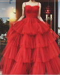 A-line Spaghetti Straps Red Tulle Tiered Prom Dress Red Evening Gown Y4644
