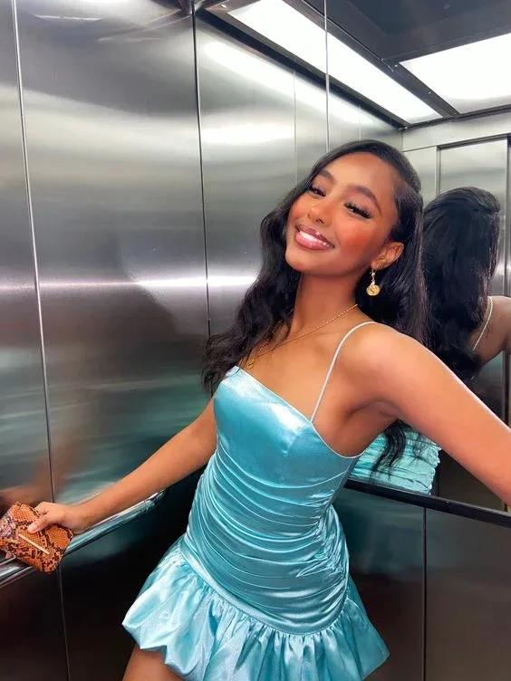 New mint green tight skirt sexy pleated skirt high waist pleated satin dress short homecoming dress Y1903