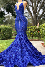Royal Blue V-Neck Mermaid Prom Dress with Halter Neckline and Open Back