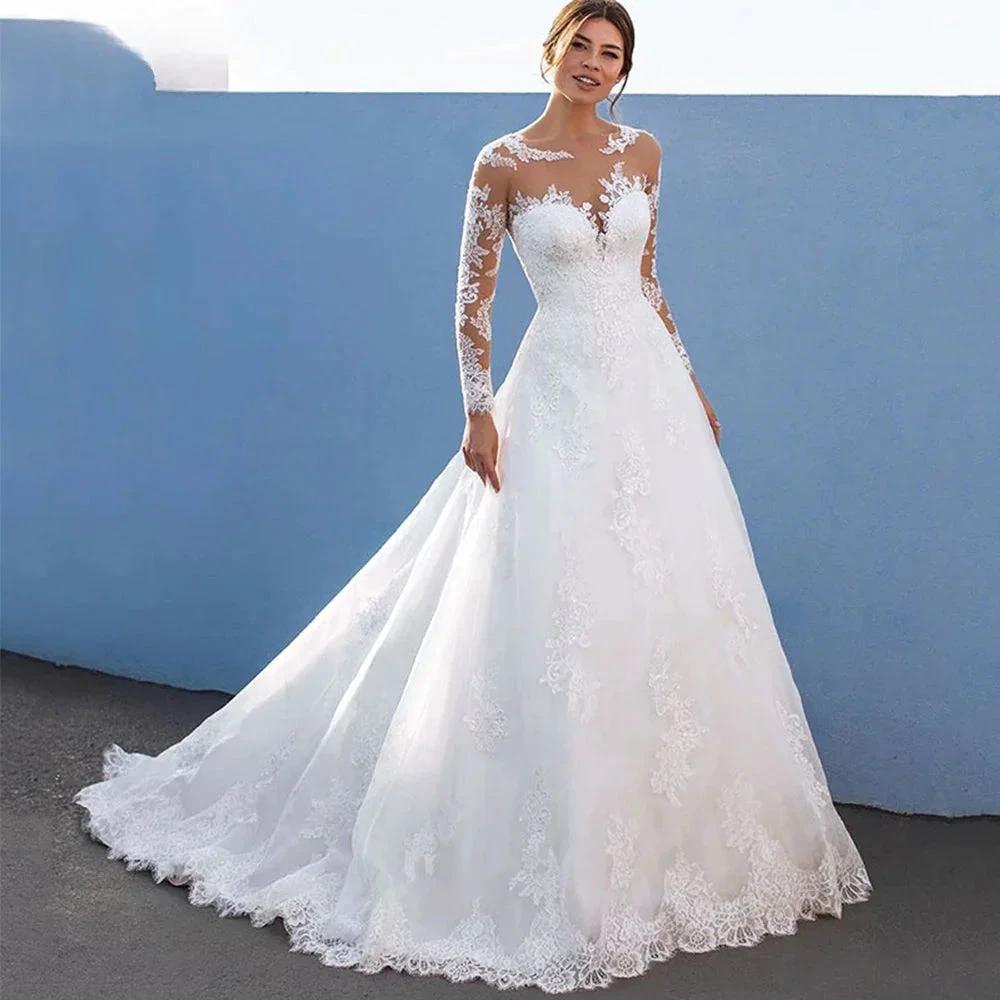 Elegant A-Line Wedding Dresses For Women Long Lace Sleeves With Appliques Bridal Gown Illusion Tulle vestidos de novia