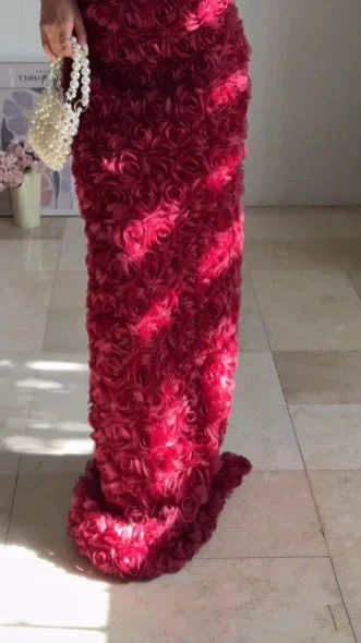 Gorgeous Deep V Burgundy Rose Flowers Sheath Long Prom Dress Evening Dress Y8504