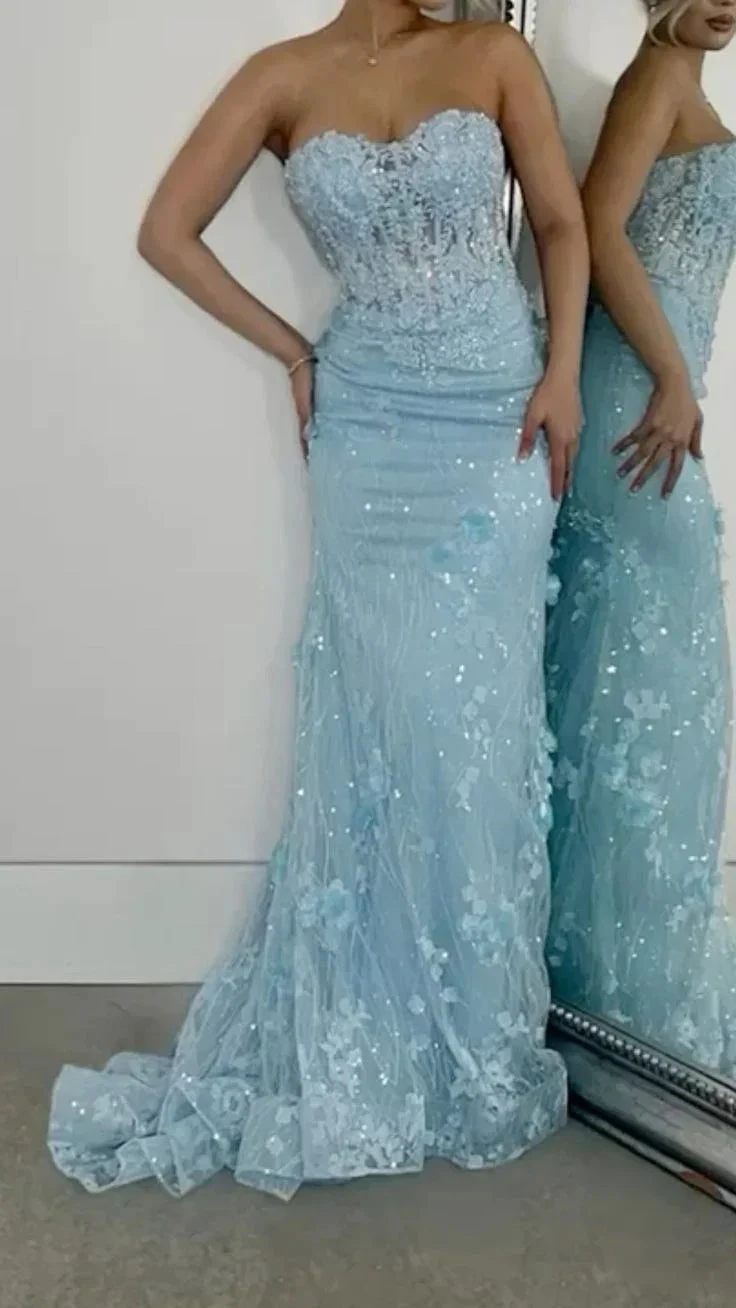 Sparkly Blue Mermaid Tulle Appliques Evening Gown Formal Prom Dress Y7871