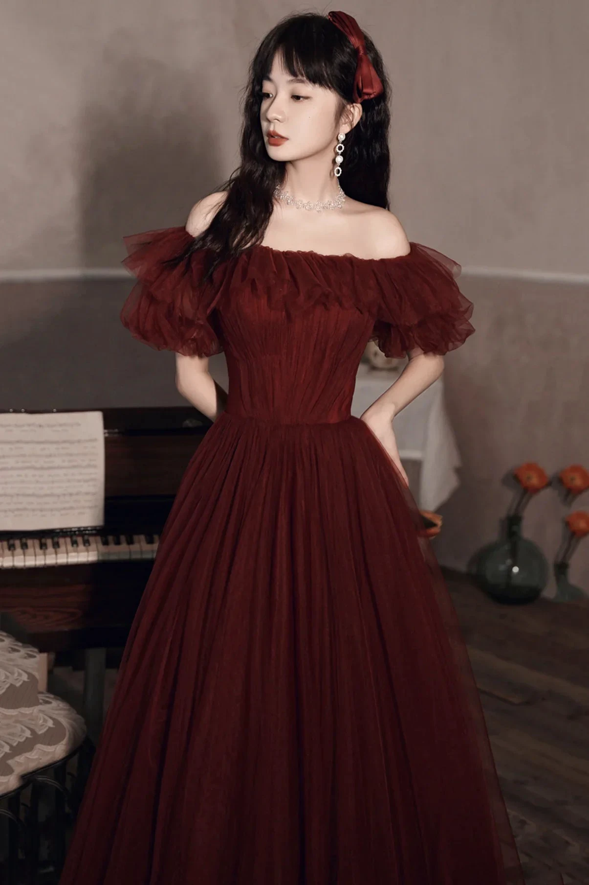 Burgundy Off The Shoulder Tulle Line Prom Dress Evening Dress Y8351