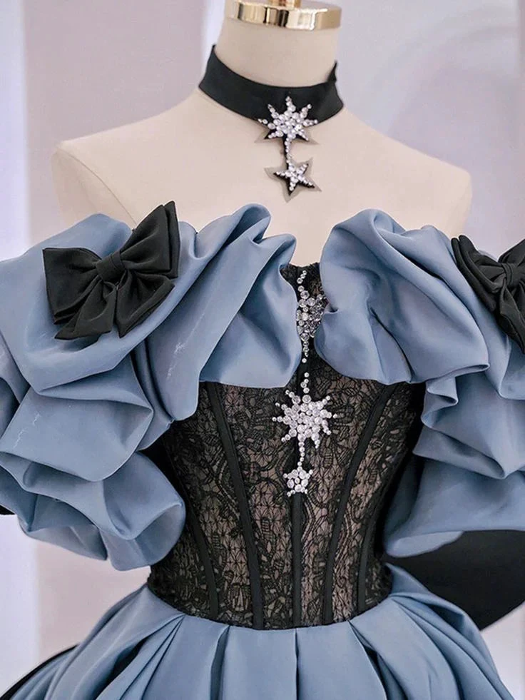 Blue Satin Lace Long Prom Dress Off Shoulder Evening Dress Y5621